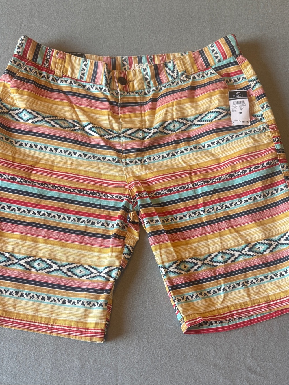 Rue21 - Carbon -Men’s Size 38  100%Cotton Aztec- Multi-Striped Flat Front Shorts